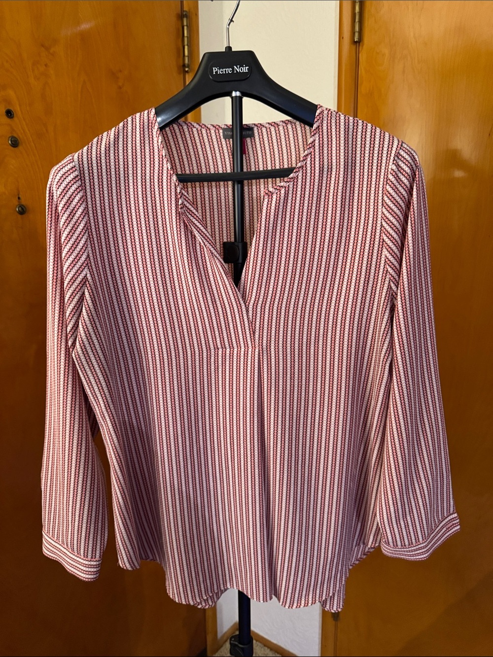 Vince Camuto Red and White Striped V-Neck Blouse